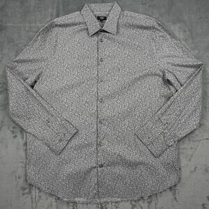 Express 1MX Slim Fit XL Gray Floral Button Up Shirt Stretch Mens NWT